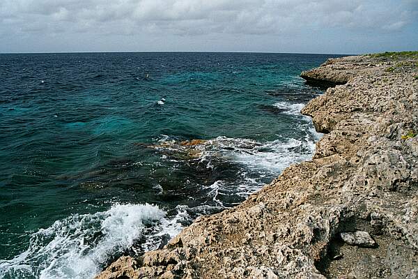 This is the type of water you'll be diving: crystal clear with diveable depths right up to the cliff.