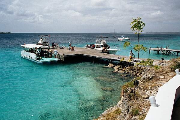 Looking out from the bar, the first dock is for boat divers, and the furthest dock is for your entry.