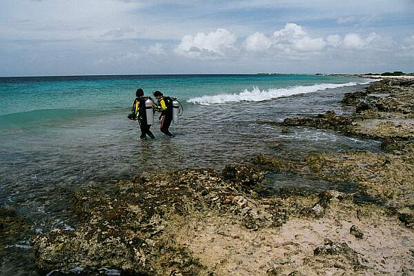 Here, two divers hold hands until they get out to a sandy depth.