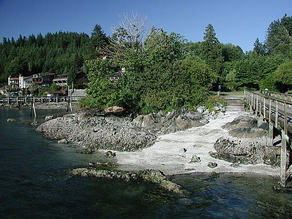 The entry is down the steps, and gently slopes into the water.