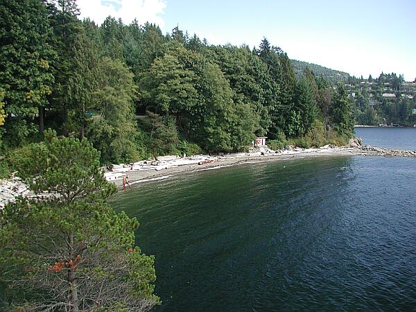 This is a view of the beach area from the Western cliff.  The restrooms and entry can be seen in the background.