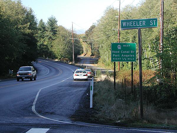 Heading North on 104 toward the Hood Canal Bridge, turn right here at Wheeler Street.  Watch your speed, or you'll end up like the poor fool in the background!