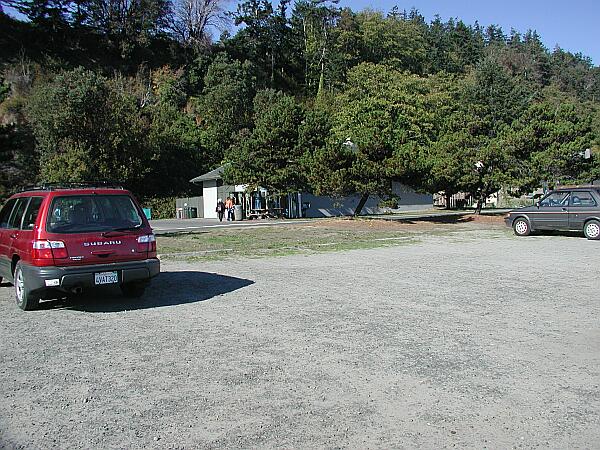 You'll find plenty of parking here. Note the restrooms in the background.