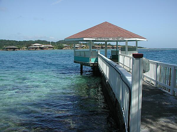 This is the same gazebo seen in the intro picture, with Coco View Resort off in the distance.  Newman's Wall is a 20 meter swim to the right, and the Wreck of the Prince Albert is straight ahead.