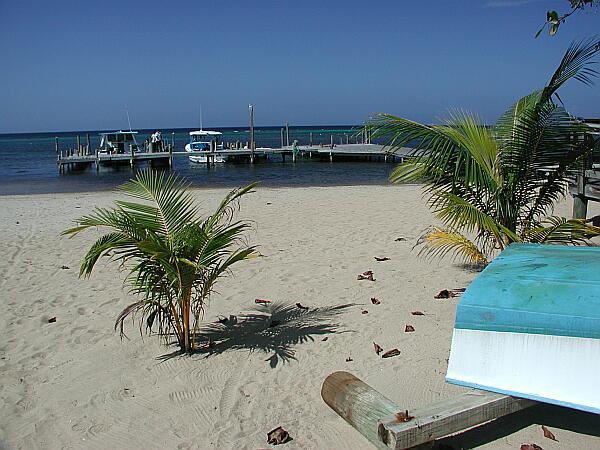 You can enter the water off the beach to the left, or the dock to the right.